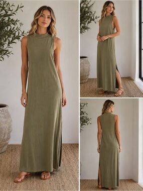 Bella Dahl Olive Green Sleeveless Maxi Dress with Side Slit